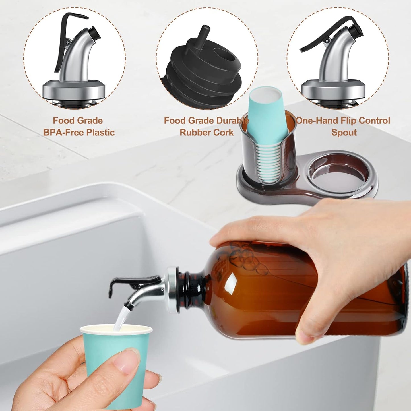 16oz 2 Amber Glass Mouthwash Dispenser with Cup Holder for Bathroom, Refillable Mouthwash Bottles Container with Tray