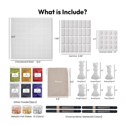 Chess Mold Set, Resiners 3D Silicone Create Chess, Checkers & Dominoes, Epoxy Silicone Resin Molds for Family Party DIY Chess Board Game Gift (Checkers & Chess Board & Domino)