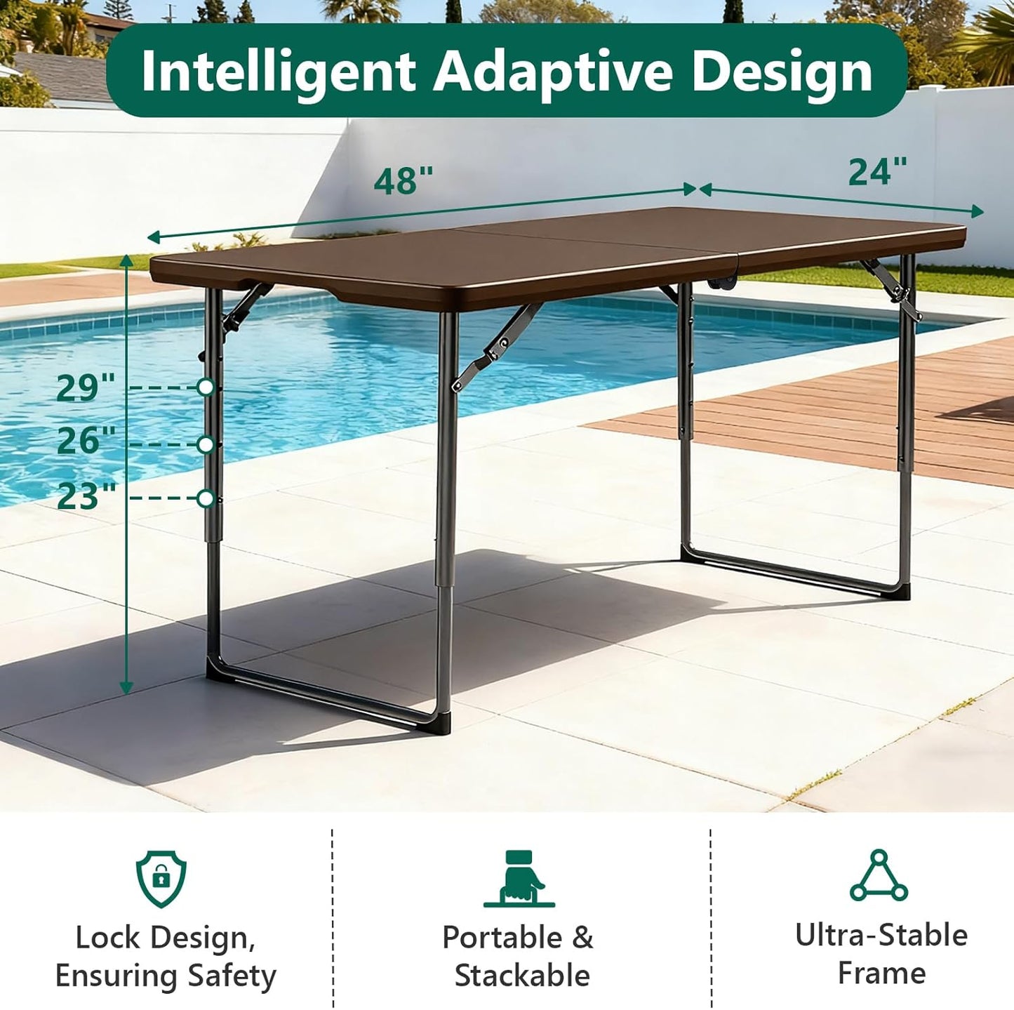 48" 24" Folding Table x - Heavy Duty Fold-in-Half Plastic Table with Adjustable Height, Portable Utility Tables