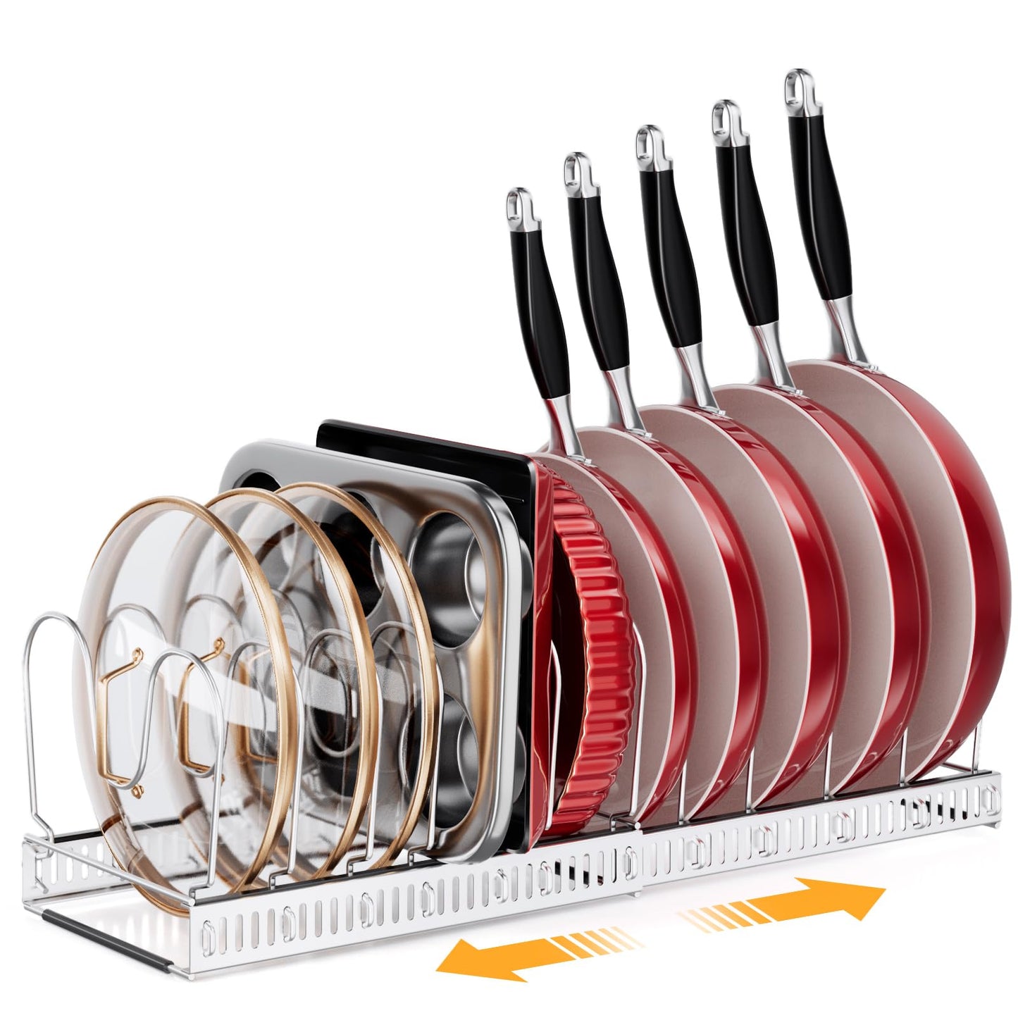 MUDEELA Pots and Pans Organizer Rack for under Cabinet, Expandable 11.81''-22.85'' Pot Lid Kitchen Cabinet Organizer Holder with 10 Adjustable Compartment Cutting Board Organizer for Pan Lid, Bakeware