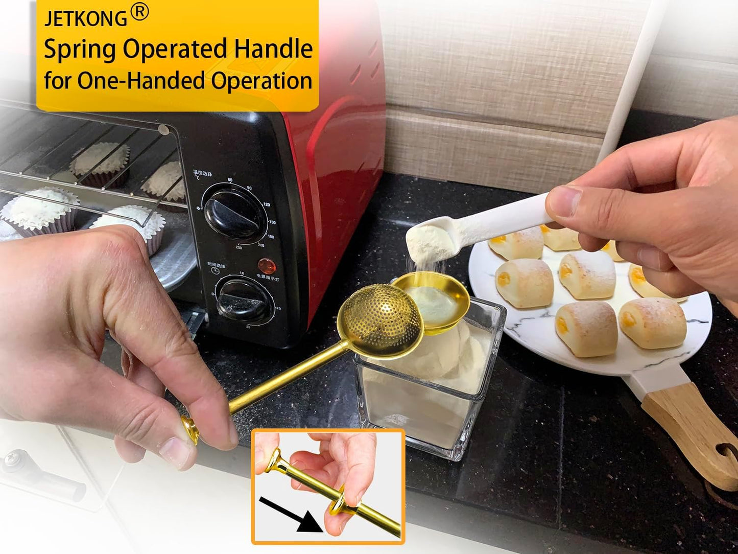 JETKONG Baker's Dusting Wand for Sugar, Flour, and Spices, Stainless Steel Shaker Duster Sifter, Set of 2 (Gold)