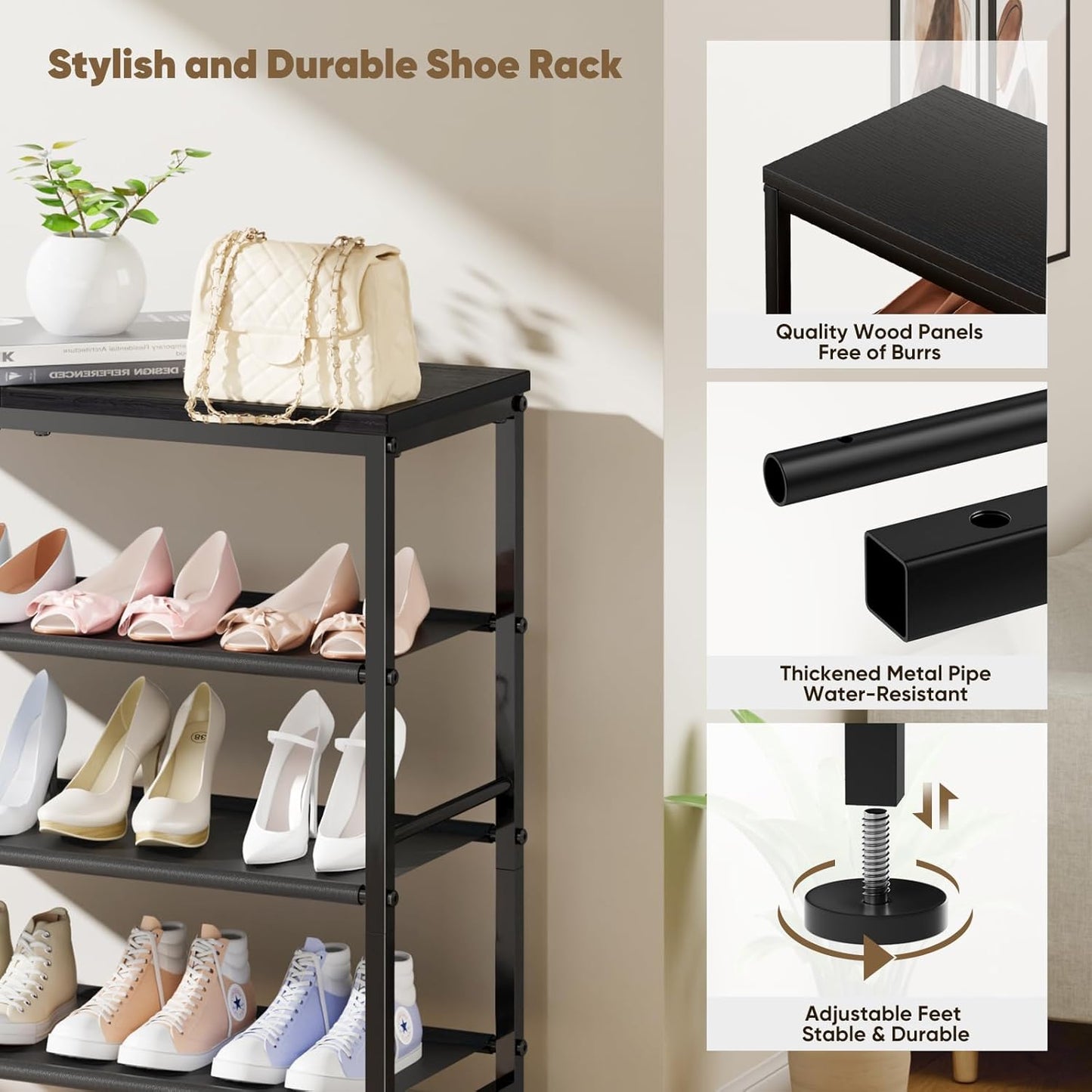 5 Closet,Industrial, Mavivegue Metal Shoe Rack, Tier Shoe Organizer with MDF Board and Non-Woven Fabric, Shoe Rack
