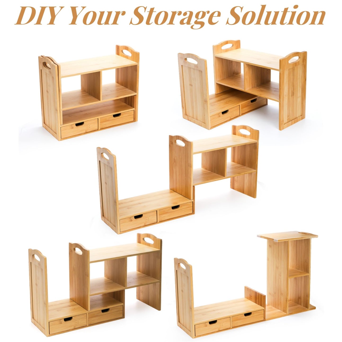 Eorbow Bamboo Desktop Bookshelf, Expandable Counter Bookcase, Storage Shelves Rack Organizer with Anti-Slip Pads, Cute Small Desk Display Cubby Top for Office Supplies, No Assembly Needed