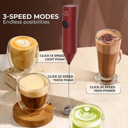 Zulay Kitchen Rechargeable Milk Frother - 3 Speeds & 3 Whisk Attachments - USB Charging for Lattes & Cappuccinos - Red/Black