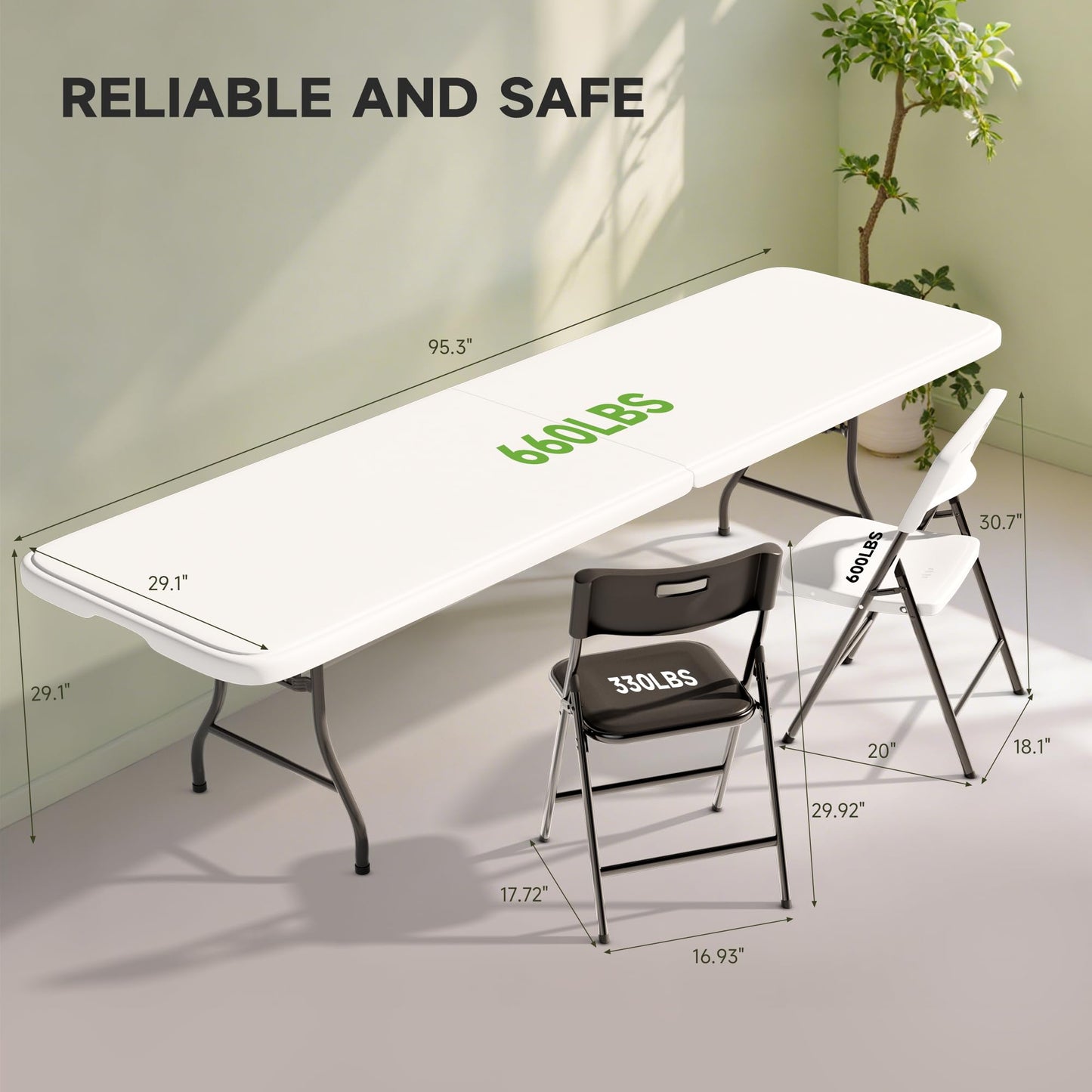 Ortus Collective 8FT Folding Table Set with 8 Chairs – Heavy-Duty 660 lb Table & 330 lb Chairs, Portable Folding Furniture Bundle for Camping, Parties, Indoor & Outdoor Use