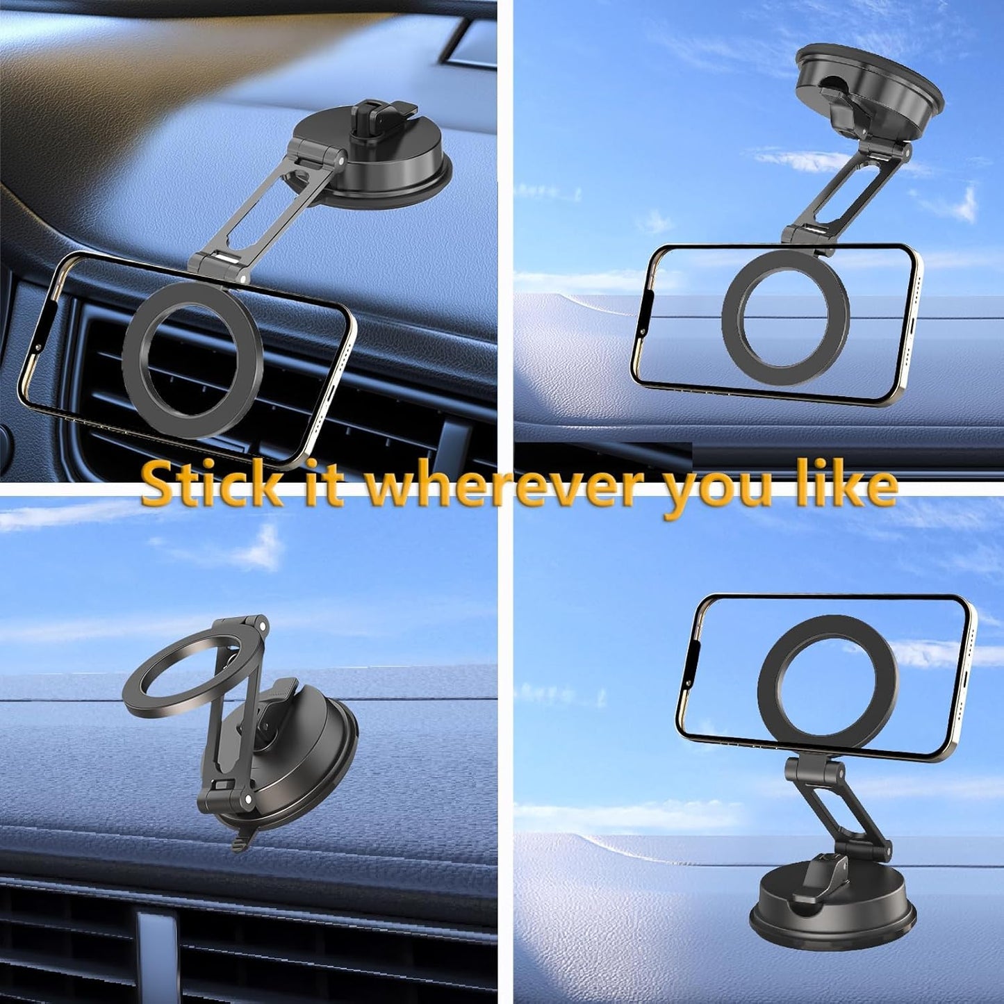 Vacuum Magnetic Phone Holder, Suction Cup Phone Mount, Foldable Strong Magnetic Cell Phone Holder for Car/Gym/Mirror/Smooth Surface,Compatible with iPhone Galaxy Phone-Black