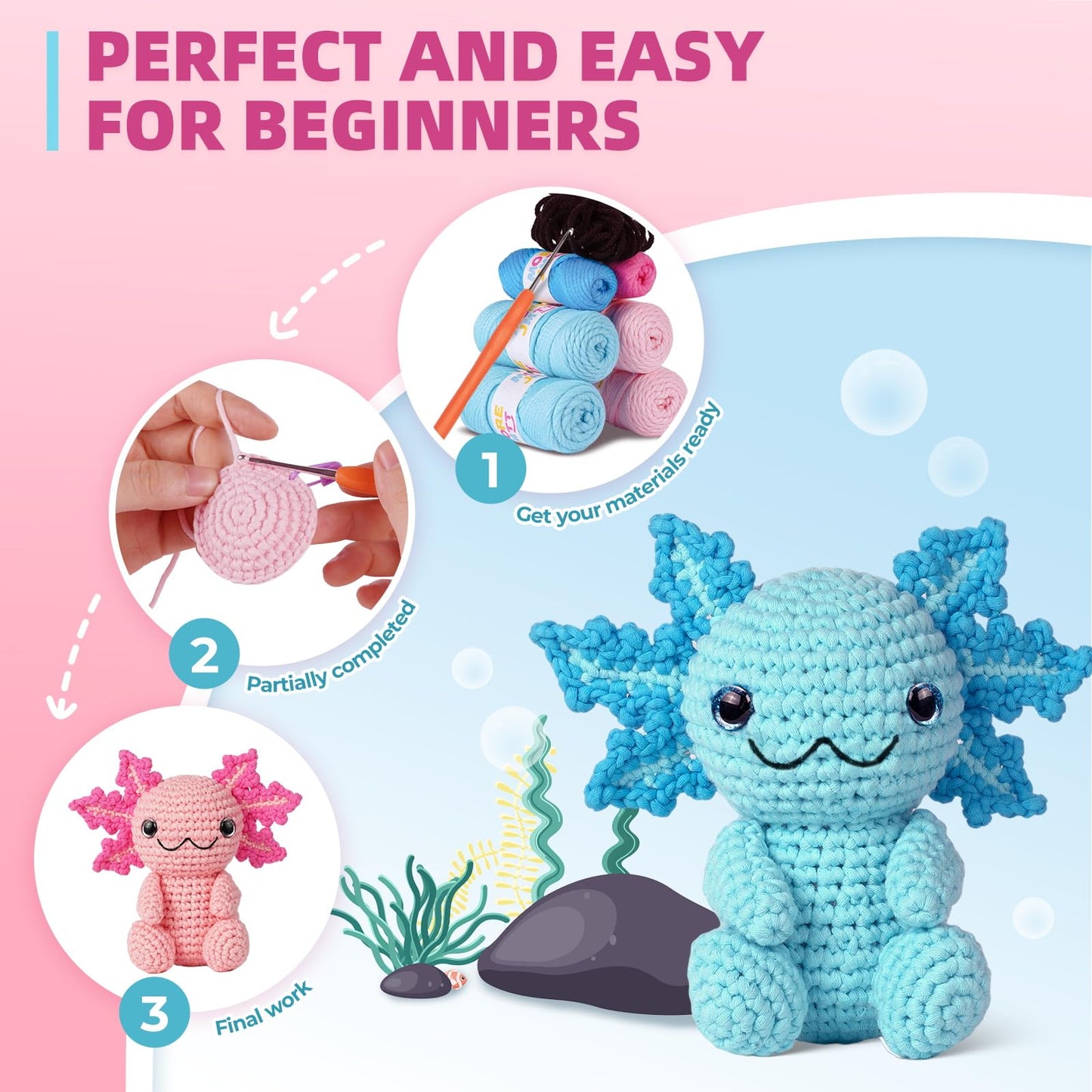 MOREJMTT Crochet Kit for Beginners, Crochet Animal Kits,Crocheting Kit for Starters with Step-by-Step Video Tutorials, Beginner Crochet Kits for Adults (2Pack Axolotl)