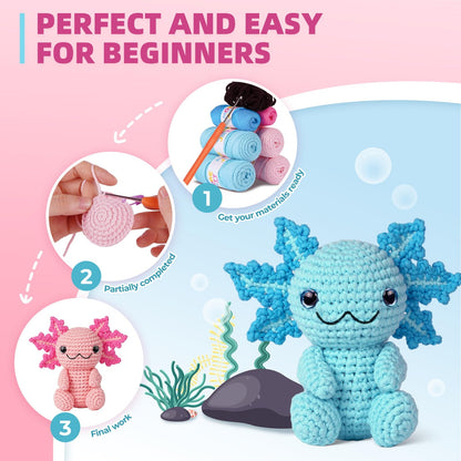 MOREJMTT Crochet Kit for Beginners, Crochet Animal Kits,Crocheting Kit for Starters with Step-by-Step Video Tutorials, Beginner Crochet Kits for Adults (2Pack Axolotl)