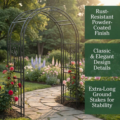 Plow & Hearth Arch Metal Outdoor Garden Arbor | Montebello | 7 Feet Tall | Steel Iron Trellis Lattice for Climbing Plants & Heavy Vines | Wedding Outdoor Patio Décor