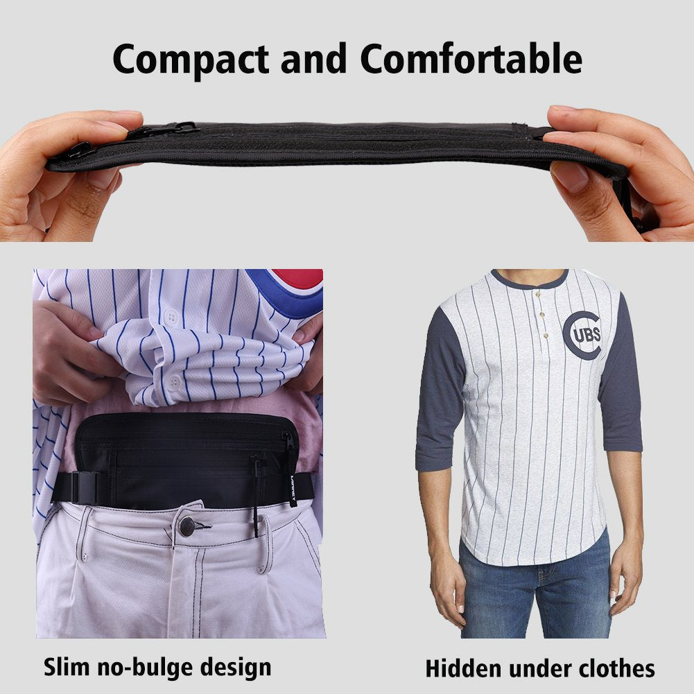 Travel Money Belt RFID Blocking Waist Wallet Waterproof Hidden Stash for Men Women, Under Clothes Passport Holder with 10 Credit Card Sleeves, Black