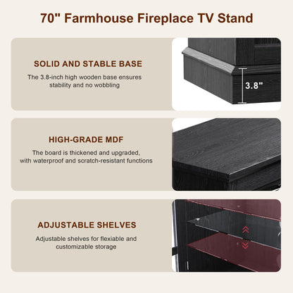 MXV 70" Fireplace TV Stand, 3-Sided Glass Fireplace and Modern Entertainment Center, Wooden Media Console with Glass Doors & Storage Drawers, LED Light, for Living Room, Black