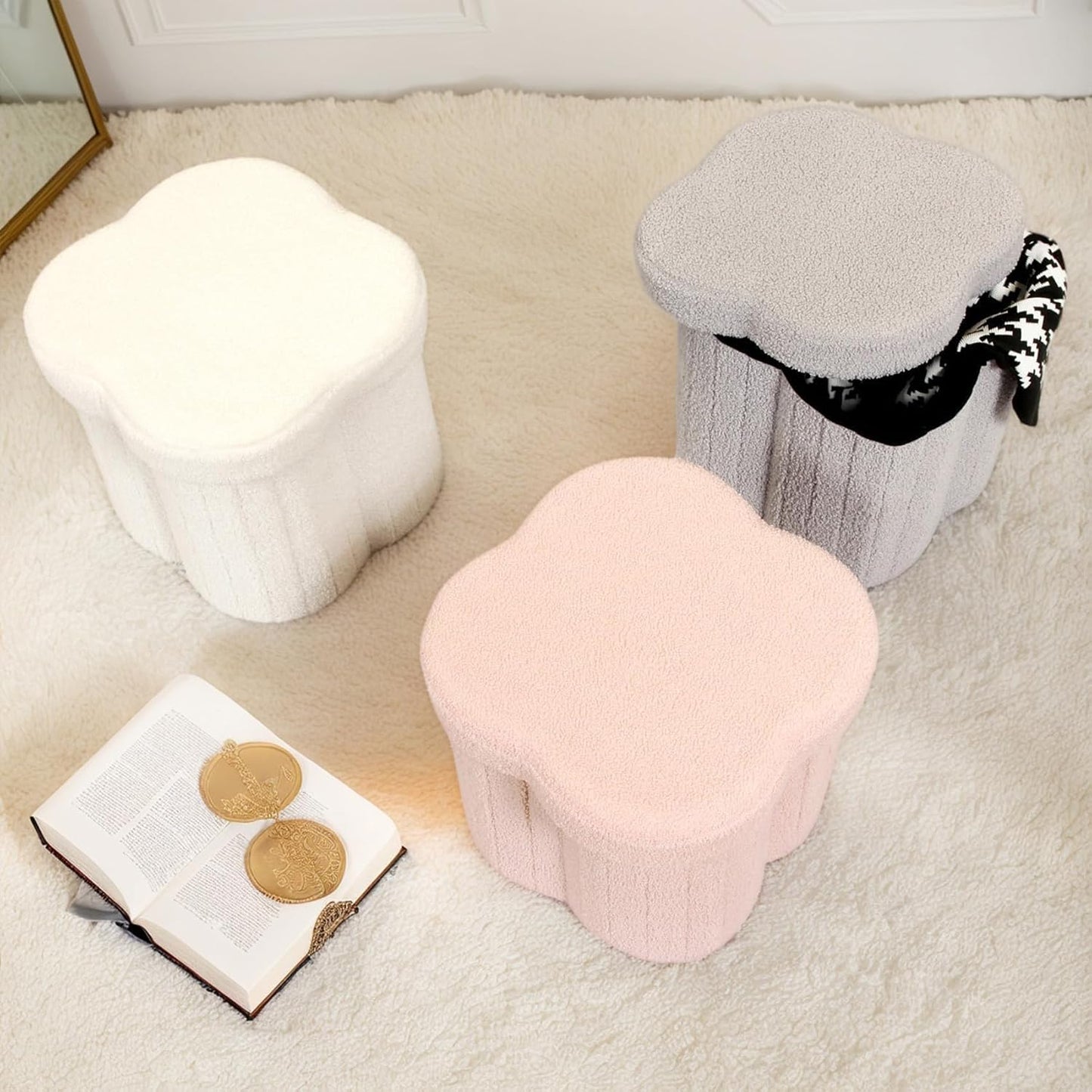 12.6" Flower Shaped Foldable Storage Ottoman,Small Foot Rest with Hidden Storage for Dorm Room/Living