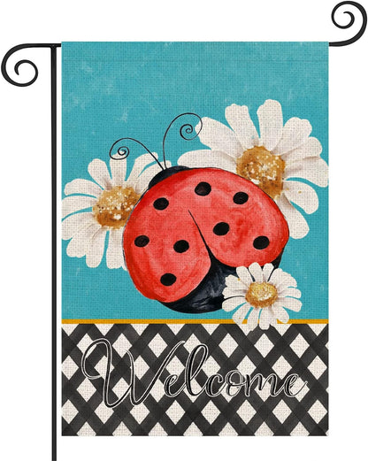 Welcome Ladybug Daisy Flowers Garden Flag - Vertical Double-Sided 12.5x18 Inch Watercolor Painting for Spring