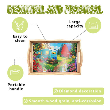 DOTSOPS 5D Diamond Art Wooden Serving Tray with Handle for Adults DIY Diamond Painting Kits for Beginners Full Drill Diamond Dots Gem Arts and Crafts Special Shape 7.8x11.8 Inches Blue Car