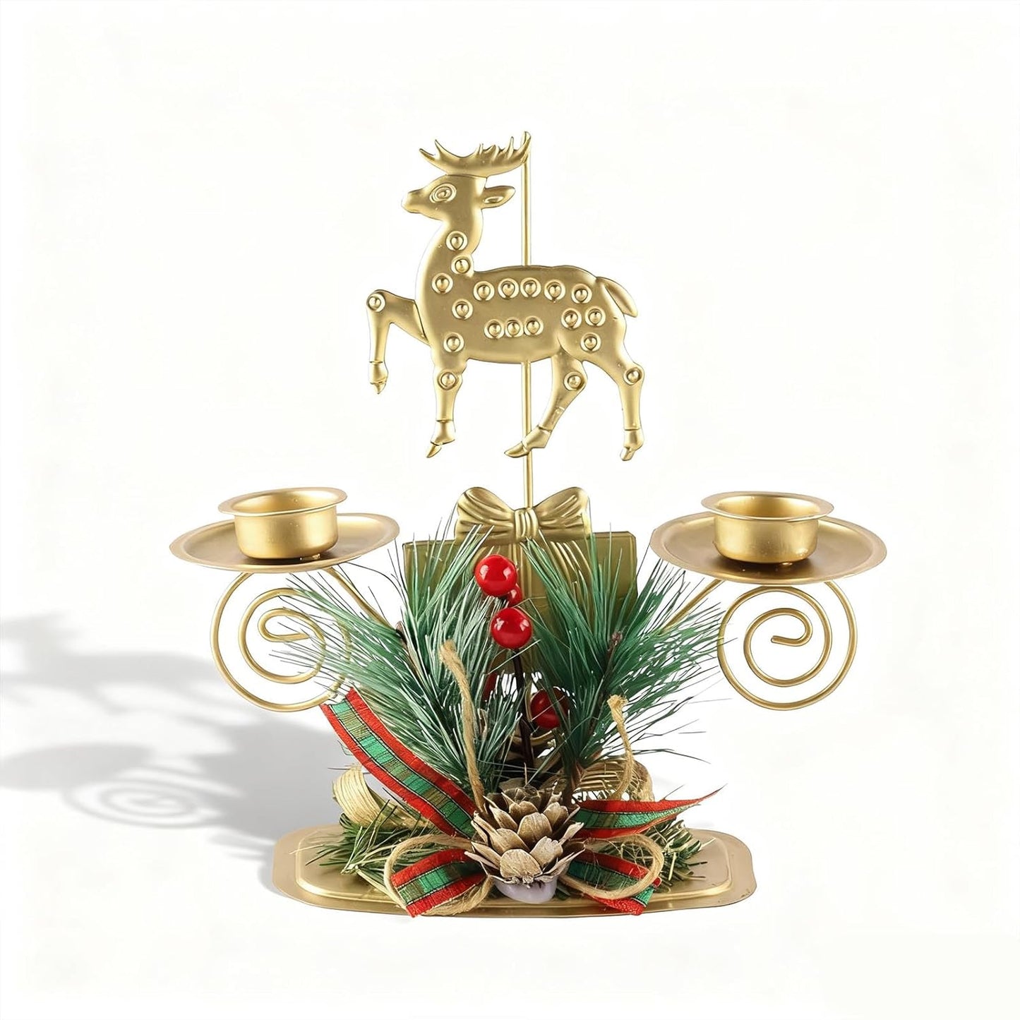 ABTOLS Reindeer Tealight Candle Holders - Festive Elk Design with Red Berry | Gold Candlestick for Christmas Decor