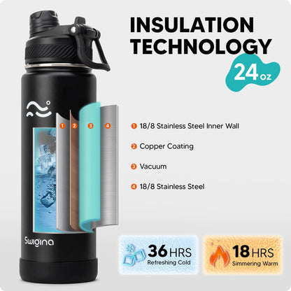 Swigina [2-IN-1 LID] Insulated Water Bottle with Silicone Boot (36hrs Cold/18hrs Hot) - DIY Stickers, Leakproof, BPA Free, Black, 24 oz