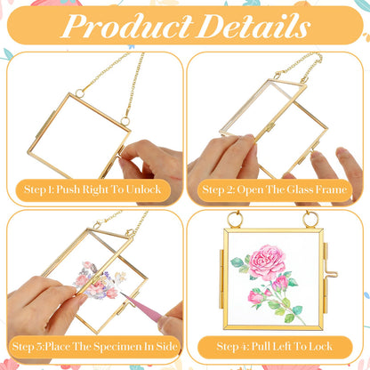 6 Pcs Mini Double Glass Pressed Flower Photo Frame Craft with Chain, 2.36" and 3.14" Small Square Glass Flower Frame for Christmas Handicraft Home Decor Gallery Artwork