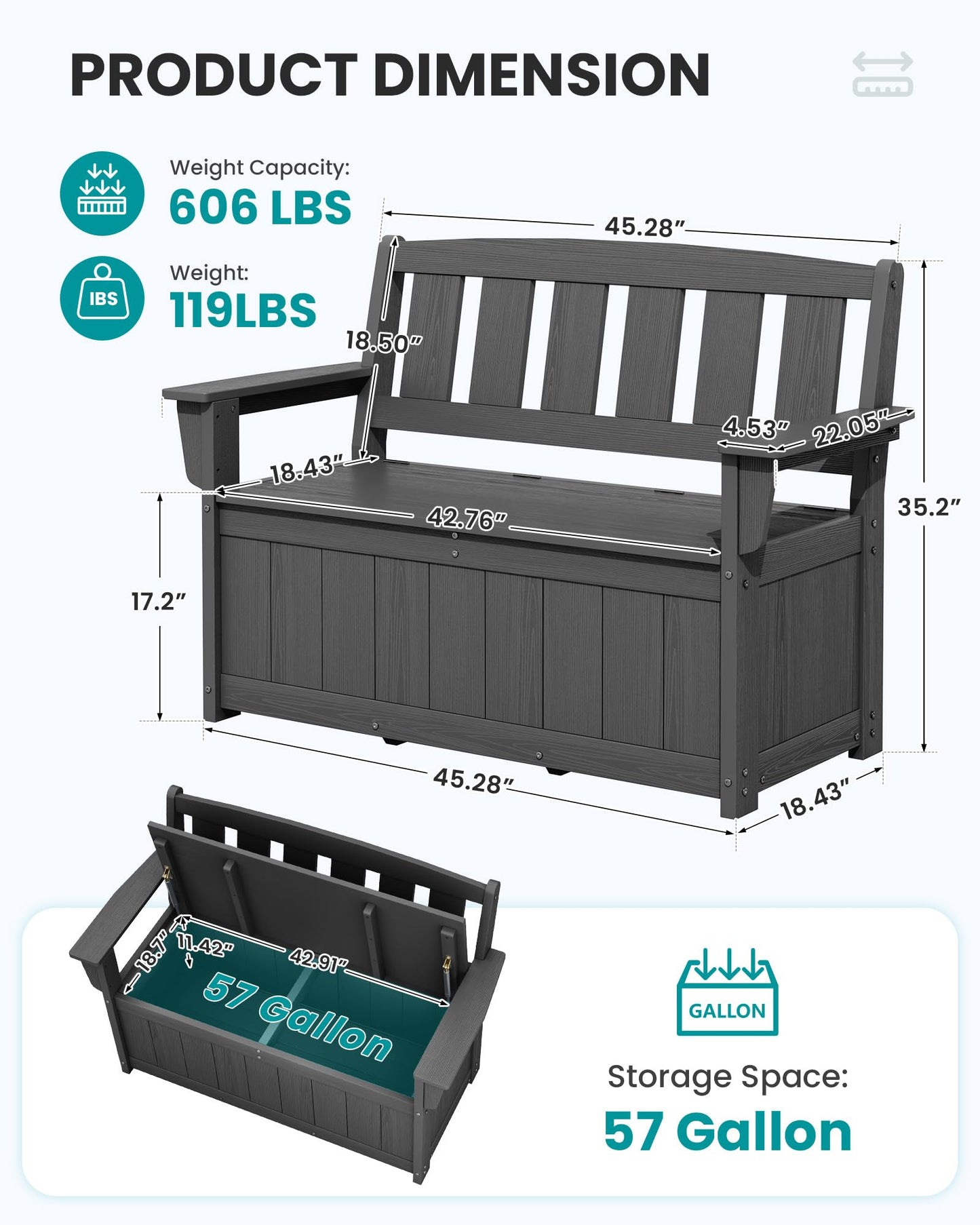 SERWALL HDPE Outdoor Storage Bench, All-Weather, UV-Resistant Deck Box with Waterproof Storage Bags, 57 Gallon Dual-Use Seat & Organizer Deck Boxes for Patio, Garden Tools & Pool (Gray)