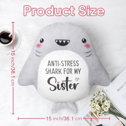 IDELTIME Sister Birthday Gifts - Throw Pillow, Easter Birthday Gifts for Sister in Law Adult Sis Bestie Friends Women, Funny Sisters Gift from Brother Sis Sibling, Shark Plush Stuffed Animal 15’’