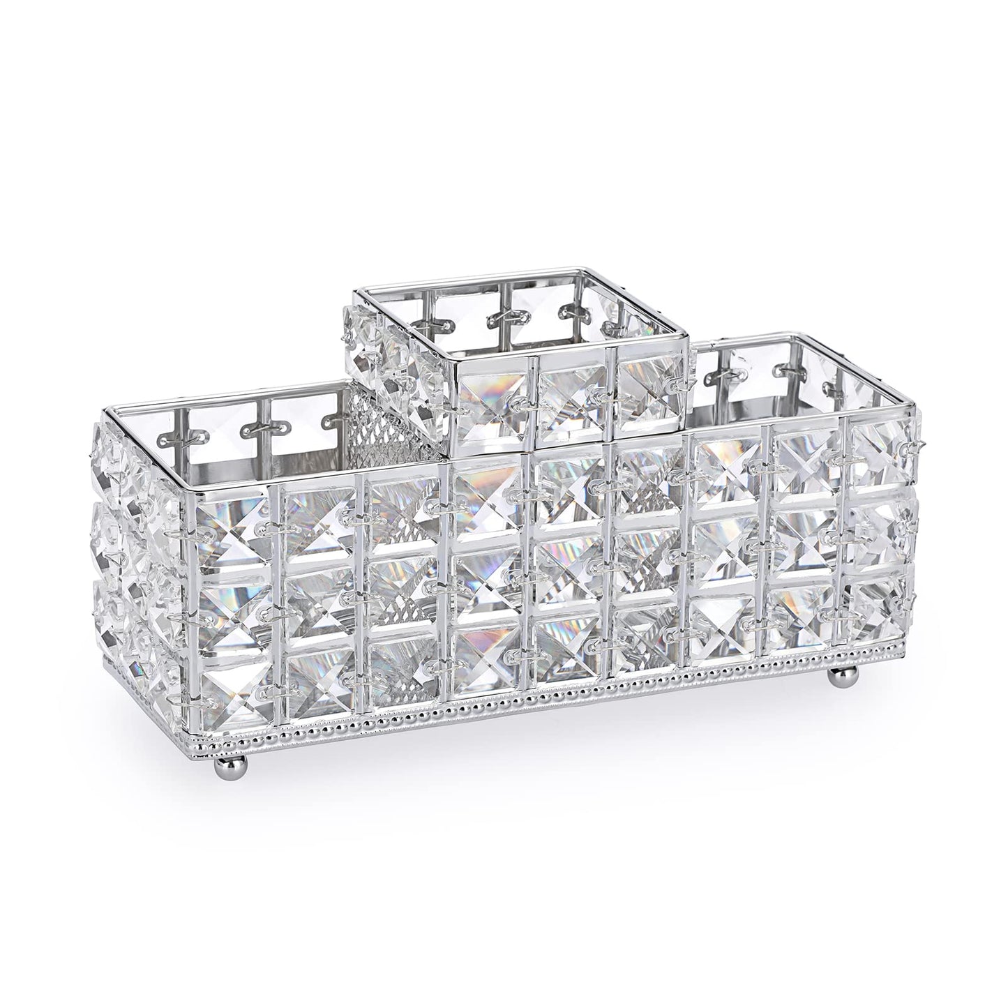 Hipiwe Crystal Remote Control Holder Bling Makeup Brush Holder Organizer Desktop Cosmetics Brushes Storage Cup Pen Pencil Storage Pot Cup for Dresser Bathroom Office, 3 Slot