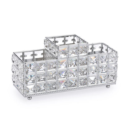 Hipiwe Crystal Remote Control Holder Bling Makeup Brush Holder Organizer Desktop Cosmetics Brushes Storage Cup Pen Pencil Storage Pot Cup for Dresser Bathroom Office, 3 Slot