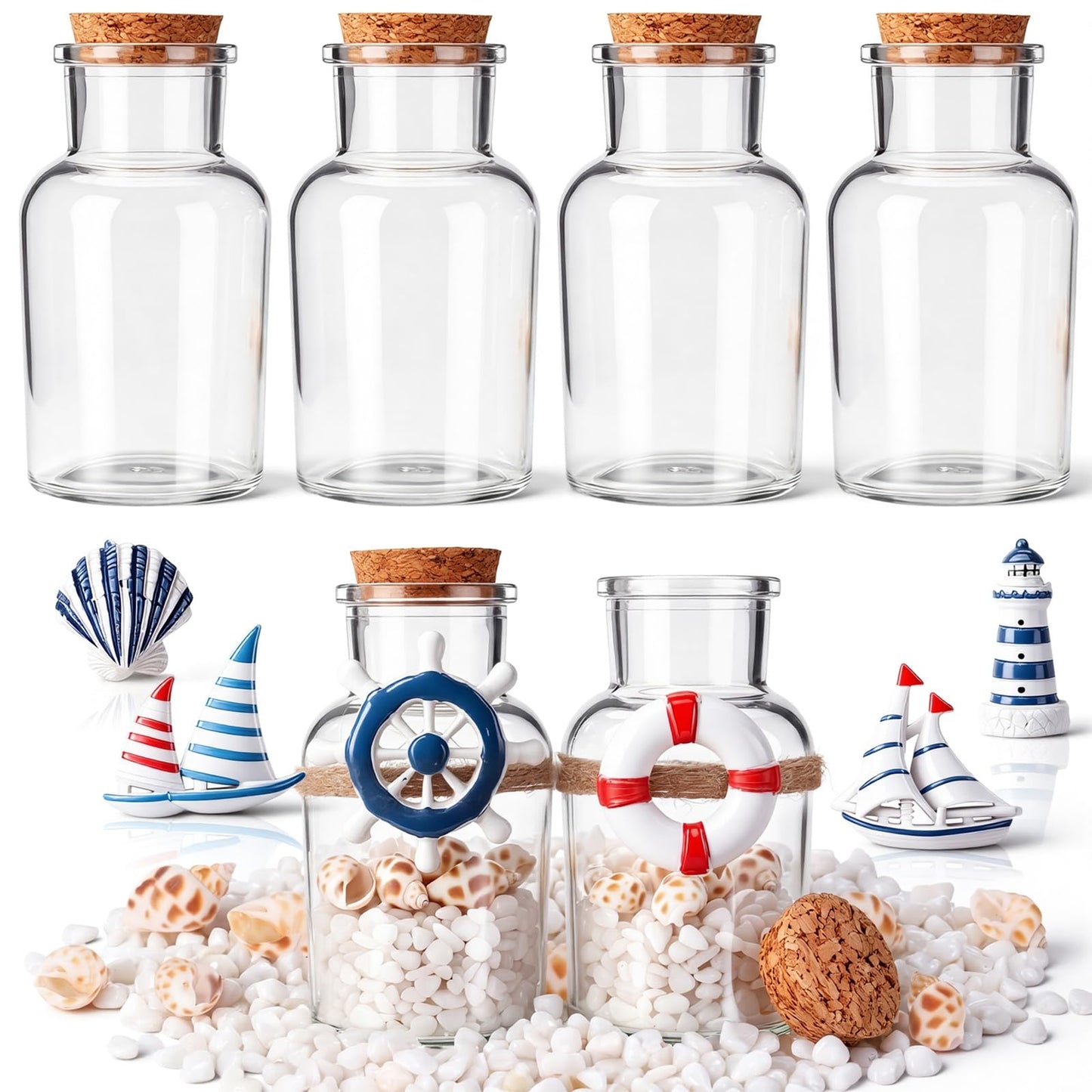 Gandeer 6 Pack Beach Glass Bottles with Cork Honeymoon Sand Jar White Sand Rocks Natural Sea Shells for Coastal Beach Room Decor Home Tabletop Summer Decorations Bridal Shower Gifts