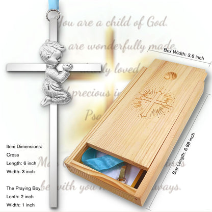Baptism Gifts for Boys & Girls,First Communion Gifts for Kids,Christening Baby Shower Party 6in Praying Cross (1pc Silver Boy with Wooden Box)