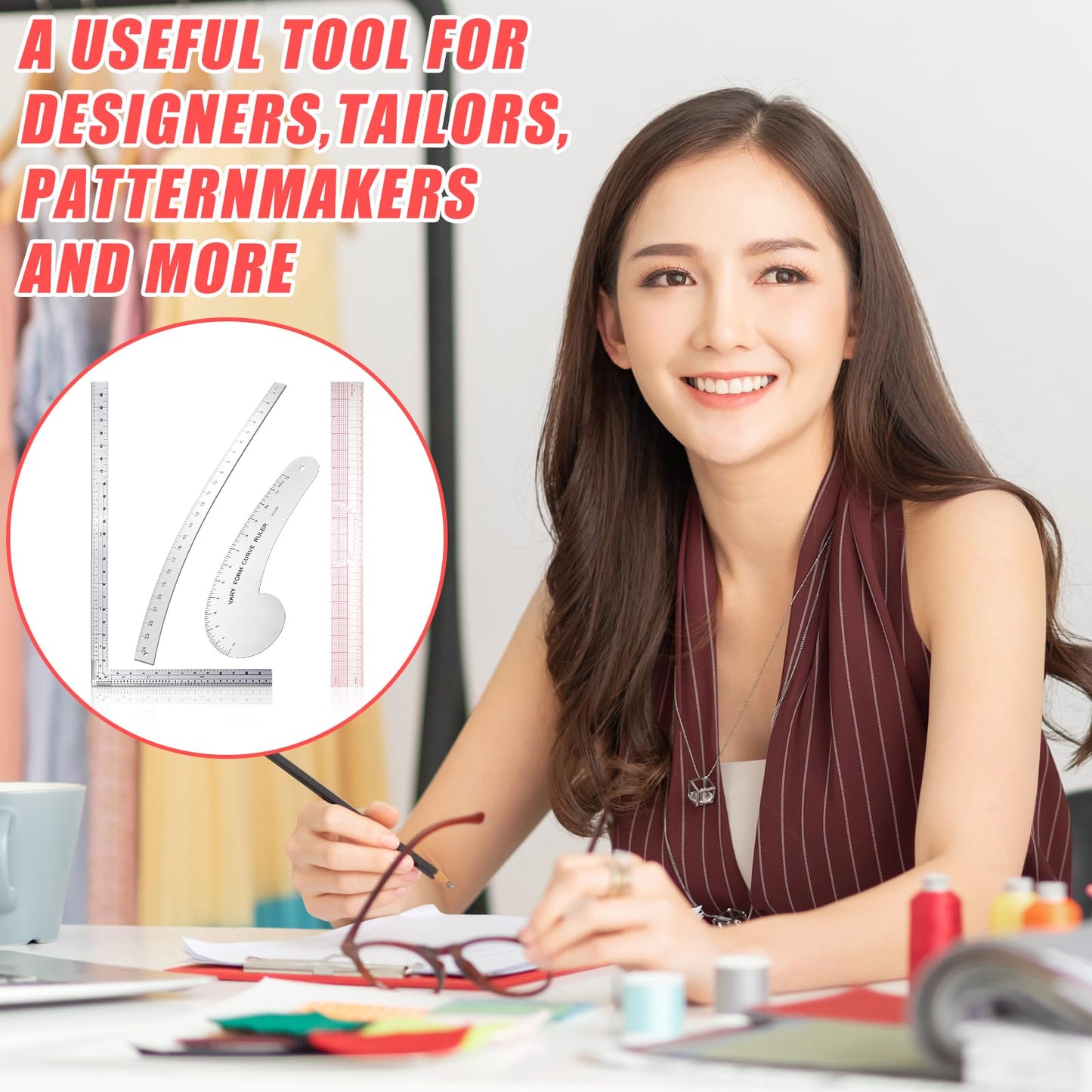 Xuhal 4 Pcs Back to School Fashion Sewing Ruler with French Curves Aluminum Designers Ruler Kit Includes Curve, Hip, L Square and Plastic Grading for Design Crafts Sewing