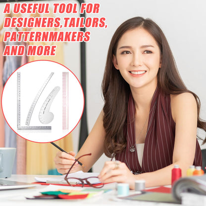 Xuhal 4 Pcs Back to School Fashion Sewing Ruler with French Curves Aluminum Designers Ruler Kit Includes Curve, Hip, L Square and Plastic Grading for Design Crafts Sewing