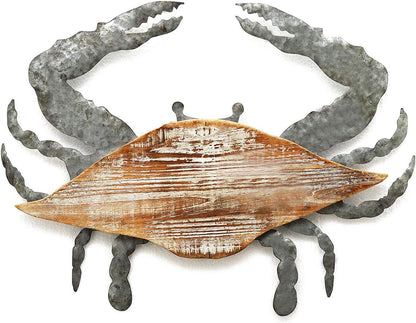 3D PARISLOFT Wood and Galvanized Ocean Theme Wall Hanging Decor (Crab), Rustic Farmhouse Decor for Living Room