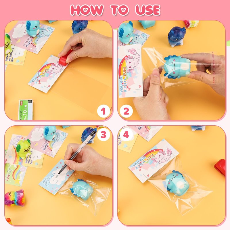 PAKSPAK Valentines Day Gifts for Kids, 24PCS Valentine's Day Cards for Kids Classroom with Axolotl Squishy Toys, Valentine Stress Relief Toys for Kid School Classroom Exchange Gift Party Prize