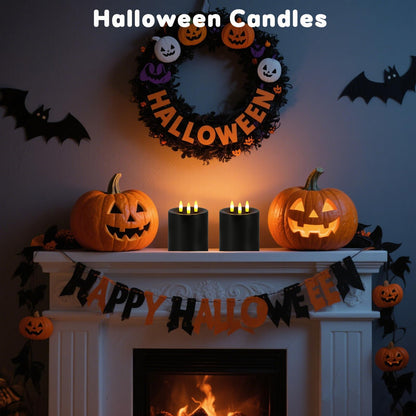 Large 3 Wick Flameless Candles Set of 2, 4"x4" Flickering LED Candles with Remote & Timer, Dimmable Real Wax Electric Pillar Candles Battery Operated, Black Candles Light for Home Halloween Decor