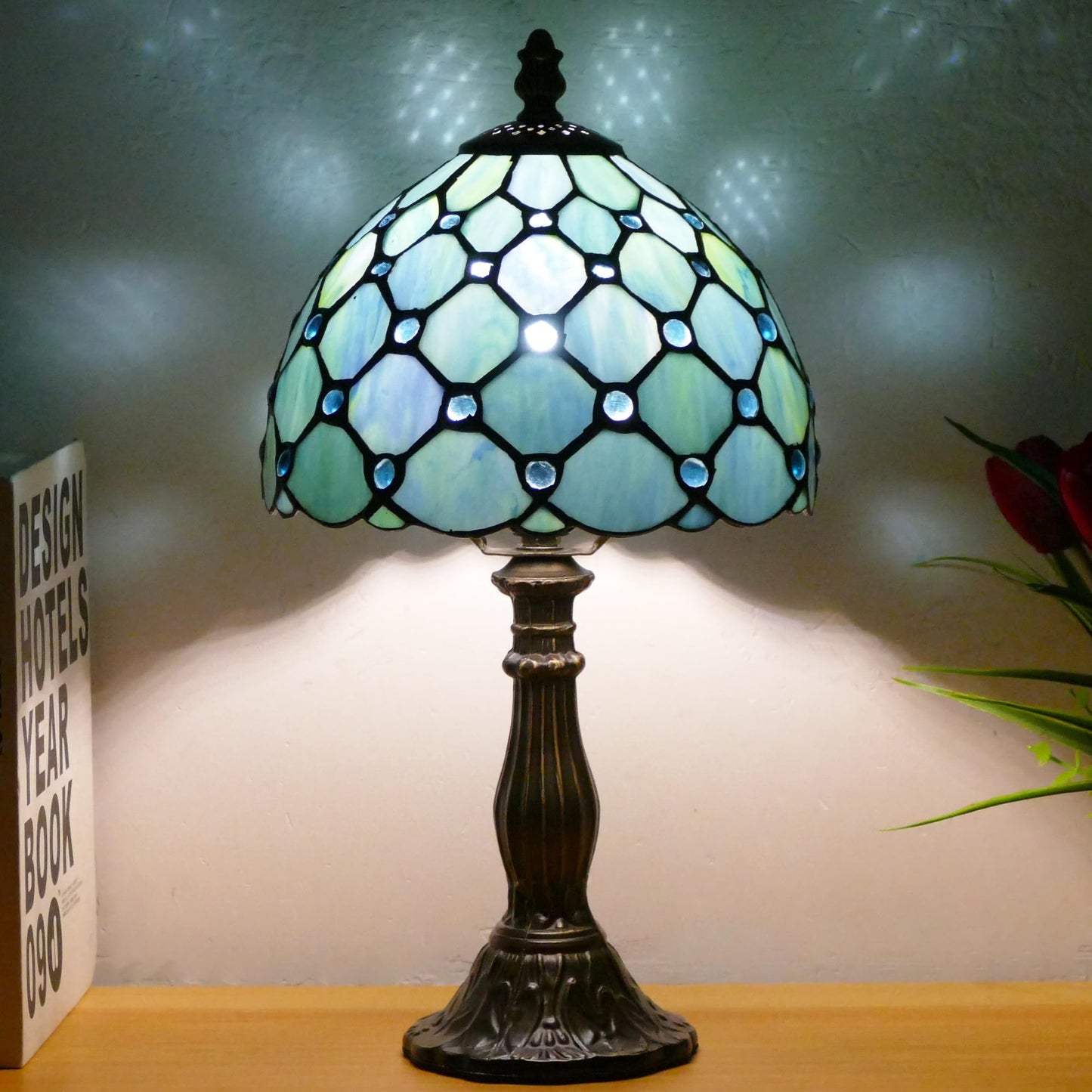 WFAYNTIFL Small Tiffany Lamp Mini Stained Glass Table Lamp Sea Blue Pearl Style Bedside Accent Lamp Memory Sympathy 8X14.5 Inch