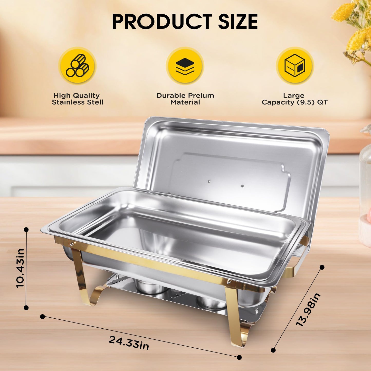 9.5 QT Chafing Dishes, 4 Pack High Premium Stainless Steel Complete Set,Heating and Cooling Chafing Dish, Rectangular Chafing Dish Buffet Set for Buffet, Party, Gatherings Banquet, Wedding