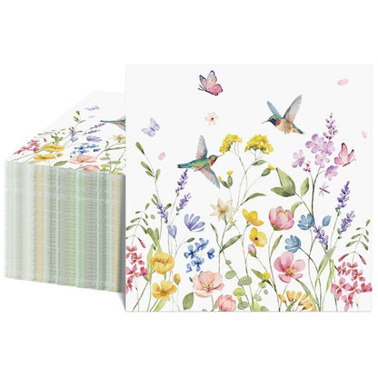 NatNarr 100 Pcs Wildflower Napkins, 2-Ply Floral Cocktail Napkins Spring Decoupage Napkin Butterfly Hummingbird Flower Dessert Beverage Napkin for Mothers Day, Baby Shower, Tea Party