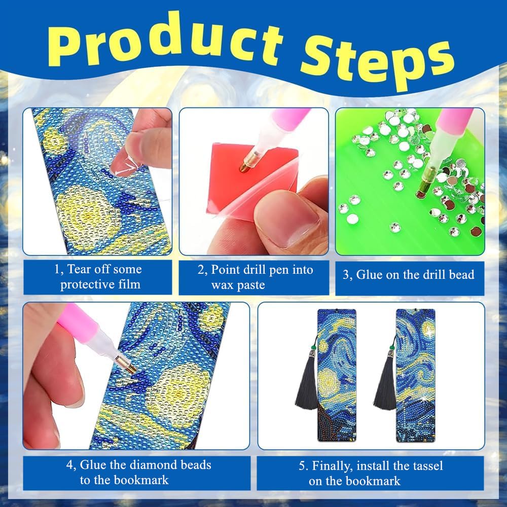 NUFTVI 4 PCS Diamond Art Bookmarks Van Gogh Starry Night, DIY Acrylic Diamond Painting Bookmarks Kits for Adult Reader and Crafts Lovers