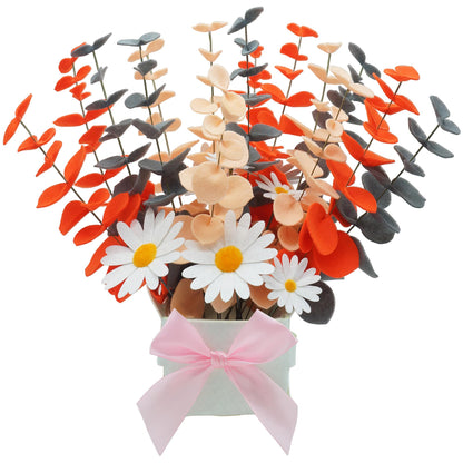 BAZIMA Felt Eucalyptus Daisy Bouquet,Felt Flowers,Multi-Color Felt Leaves,DIY Bouquet,Artificial Flower Bouquet with Flower Pot,Floral Gifts,15 Eucalyptus and 8 Daisies (Orange Gray Light Yellow)
