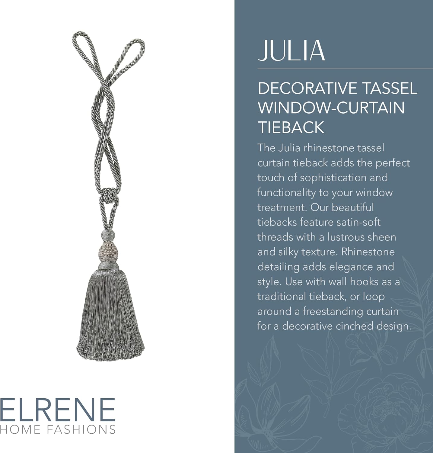 Elrene Home Fashions Julia Rhinestone Tassel Curtain Tieback, 26", Grey