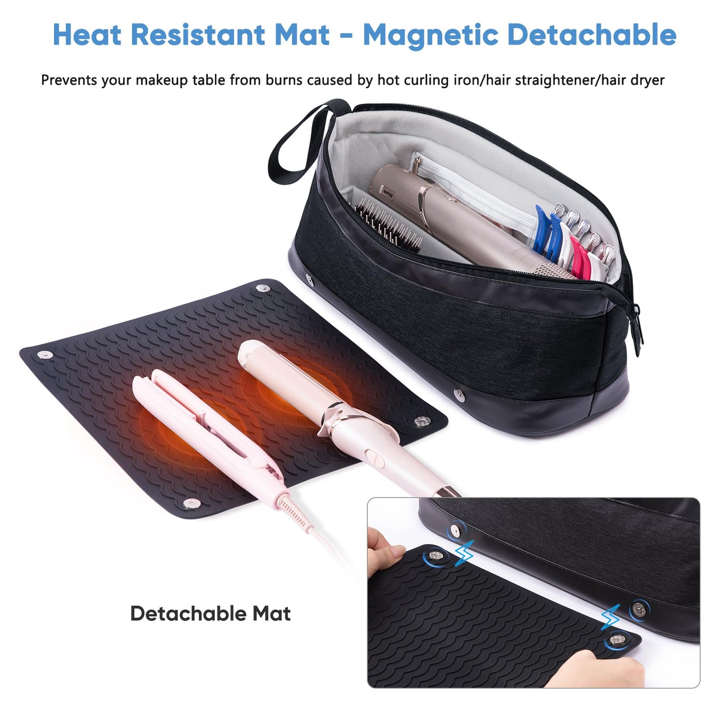 Large Hair Tools Travel Bag with Iron Mat - 2in1 Hair Tools Organizer for Hair Dryer Brush, Flat Irons, Straighteners, Curling Irons, Hair Bag, Makeup Bag, Cosmetic Bag for Travel Essentials