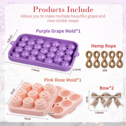 SiliFine DIY Soap Making Kit with Grape & Rose Silicone Molds, 5 Rolls Natural Jute Twine and 2 Burlap Lace Bows, Silicone Mold Set for Soap, Candle, Resin and Clay Crafts, Handmade Gift Supplies