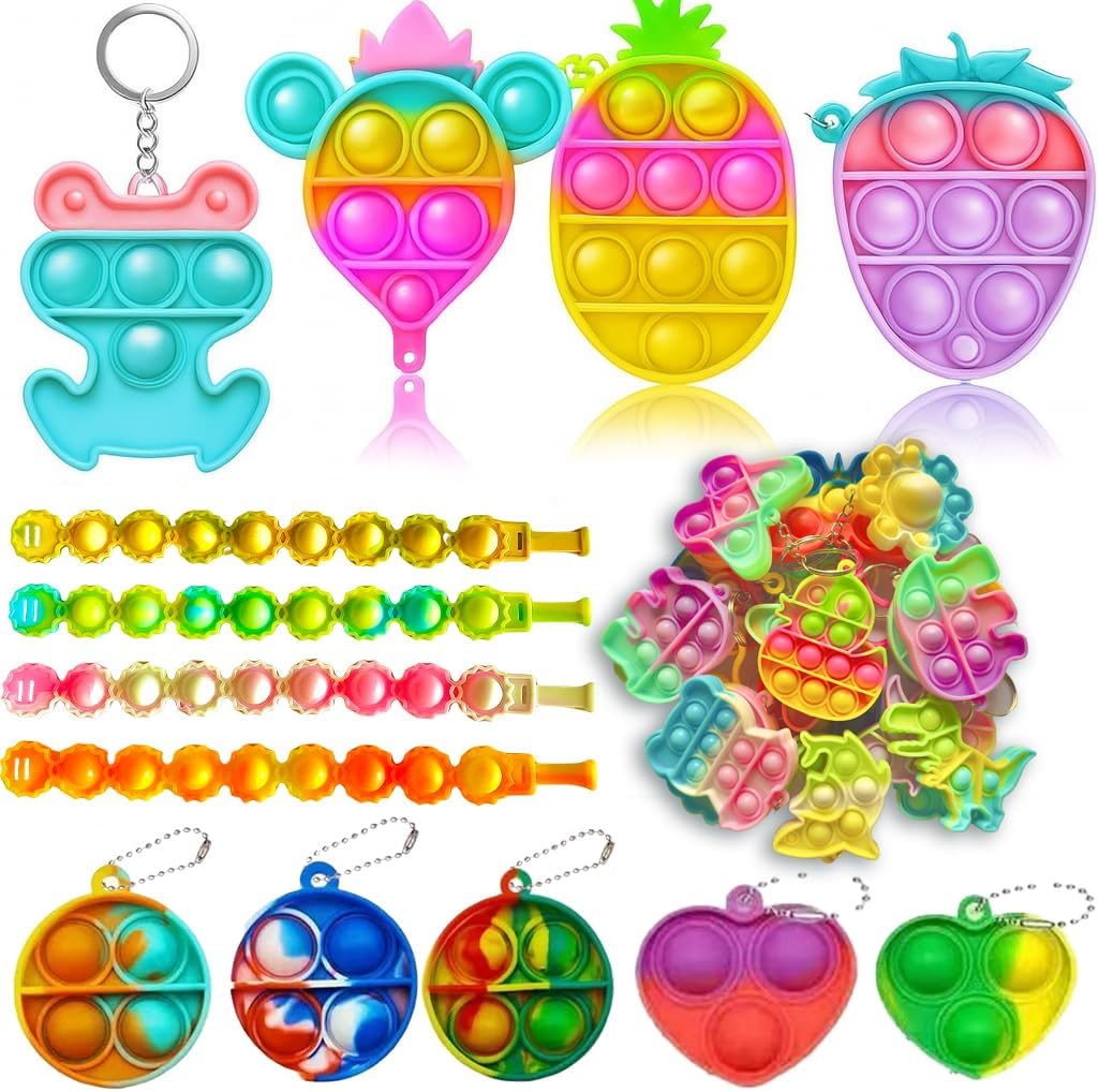 Skiennix 125 Pcs Fidget Toys Pack - Sensory Pop Toys & Stickers for Kids & Adults | Perfect for Party Favors & Goodie Bags