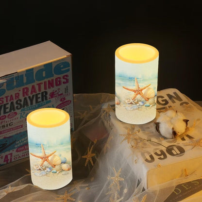 NETILGEN Flameless Candles LED Candles Electric Pillar Candles with Remote Timer Control Long Lasting for Indoor Outdoor Beach Themed Home Decoration Set of 2, Starfish Seashell Painting