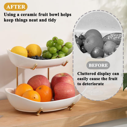 Large Size 2 Tier Ceramic Fruit Bowl,（13.4 and 11 inch Plate）More Storage Space, Golden Metal Stand for Kitchen Counter,Porcelain Fruit Basket for Countertop, Snack, Nuts, Cake, Dessert - White