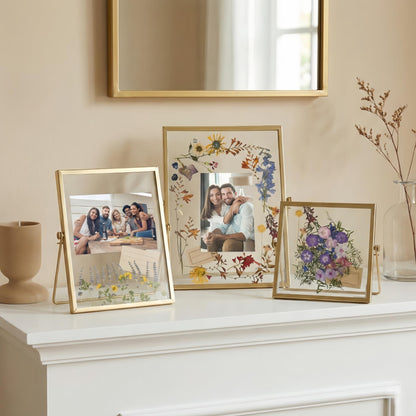 Relaxing Garden Floating Double Glass Frame Set, Gold Pressed Flower Frame DIY Kit with 68 Dried Flowers & Tweezers, 3 Sizes 6x6 6x8 7x9 for Keepsakes, Wedding Photos & Home Decor