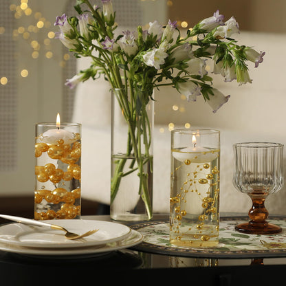 PNJHDZ Set of 3 Glass Cylinder Vases for Centerpieces with 2 Pack Vase Filler 3 Pearl String 6 White Floating Candles for Centerpieces, Table Center Pieces for Wedding Party Home Decor 5, 6, 8 Inch