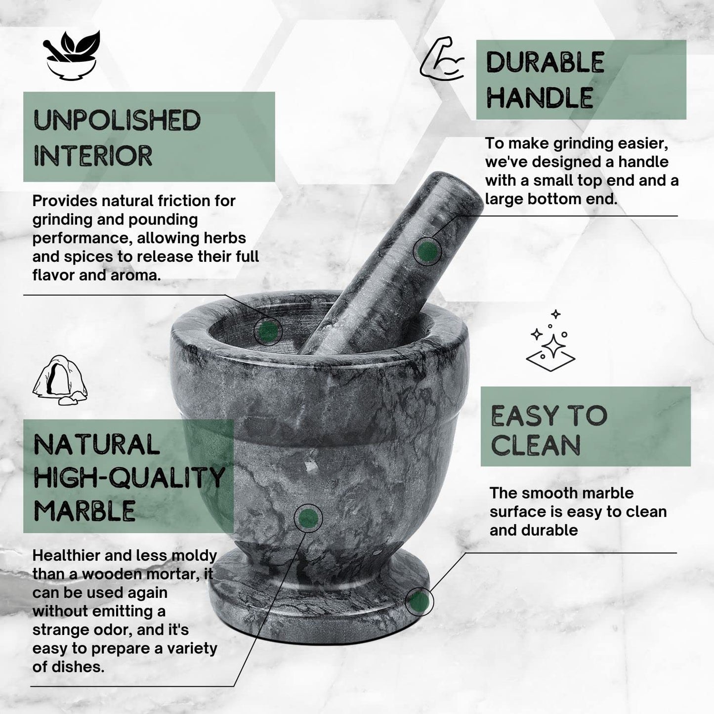 Flexzion Mortar and Pestle Set, Black - Solid 4 Inch Heavy Granite Molcajete Stone Grinder for Guacamole, Herbs, Spices