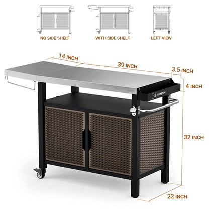 onlyfire 53-Inch Rolling Kitchen Island Cart with XL Stainless Steel Top & Rattan Texture Cabinet, Heavy-Duty Outdoor Dining Cart with Side Shelf, Propane Tank Holder, Spice Rack, Wheels for Patio
