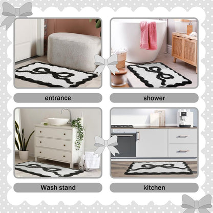 Tinideya Black Bow Bathroom Rug 16" x 24" Scalloped Bow Bath Mat Non Slip Cute Coquette Aesthetic Carpet Preppy Room Decor Microfiber Absorbent Mat for Mother's Day Bathtub Shower Bedroom Gift
