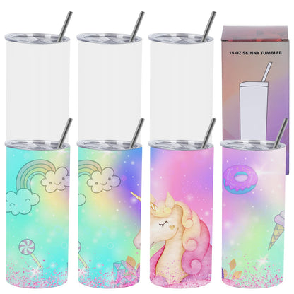 Wzaytia 15 Oz Sublimation Tumblers Blank (8 Pack), Skinny Straight Kids Sublimation Tumblers Bulk, Individually Gift Boxed,
