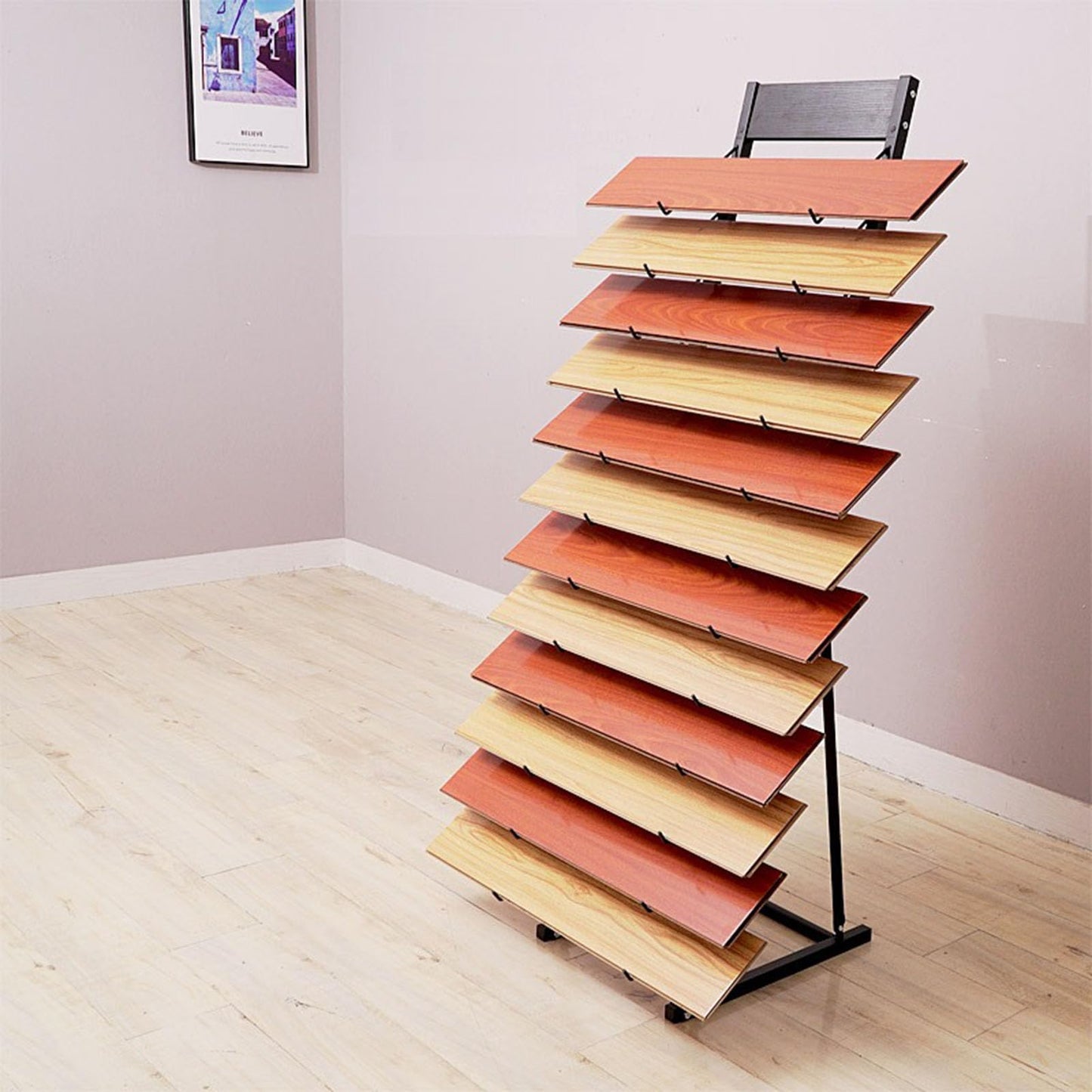 KOMFGT Metal Ceramic Tile Retail Display Rack,Wooden Floor Sample Holder Skirting Standing Slotted Flooring Display Shelf,Aluminum Gusset Skirting Sample Holder(Singleside11Pcs(Hook L305Mm))